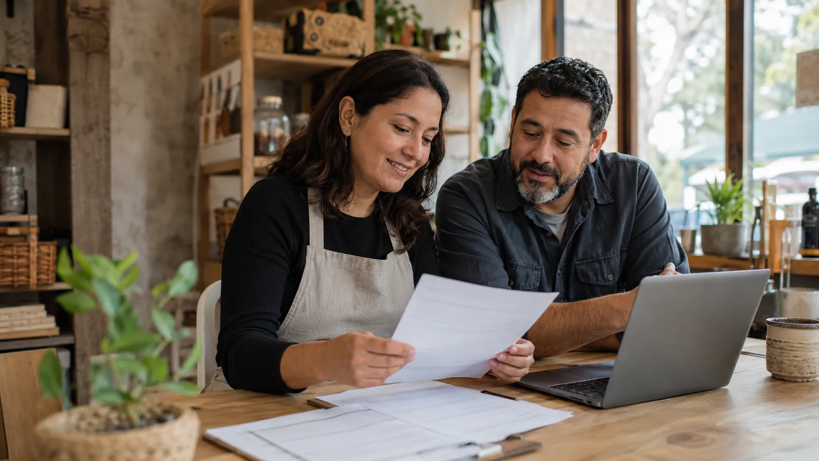 Dos emprendedores revisando documentos de su negocio
